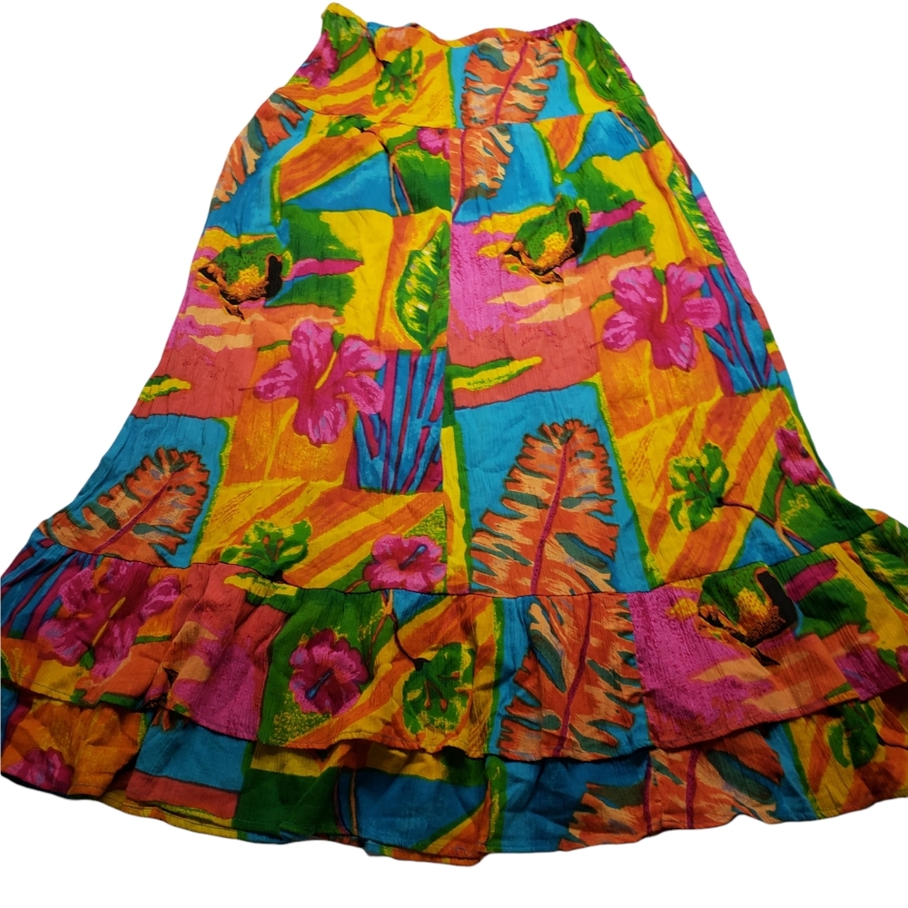 Vintage Phool Tropical Hibicus Floral Fish Bright Colorful Long Skirt Size 6